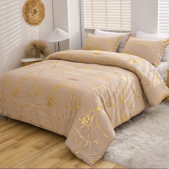Queen Taupe Marble Comforter Set, Gold Metallic Foil Printed - Picture 1 of 7